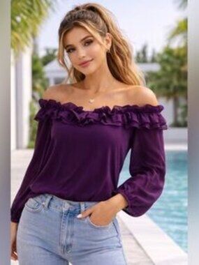 PerSeption Concept Ruffled Off-Shoulder Purple Blouse Size Small NWT